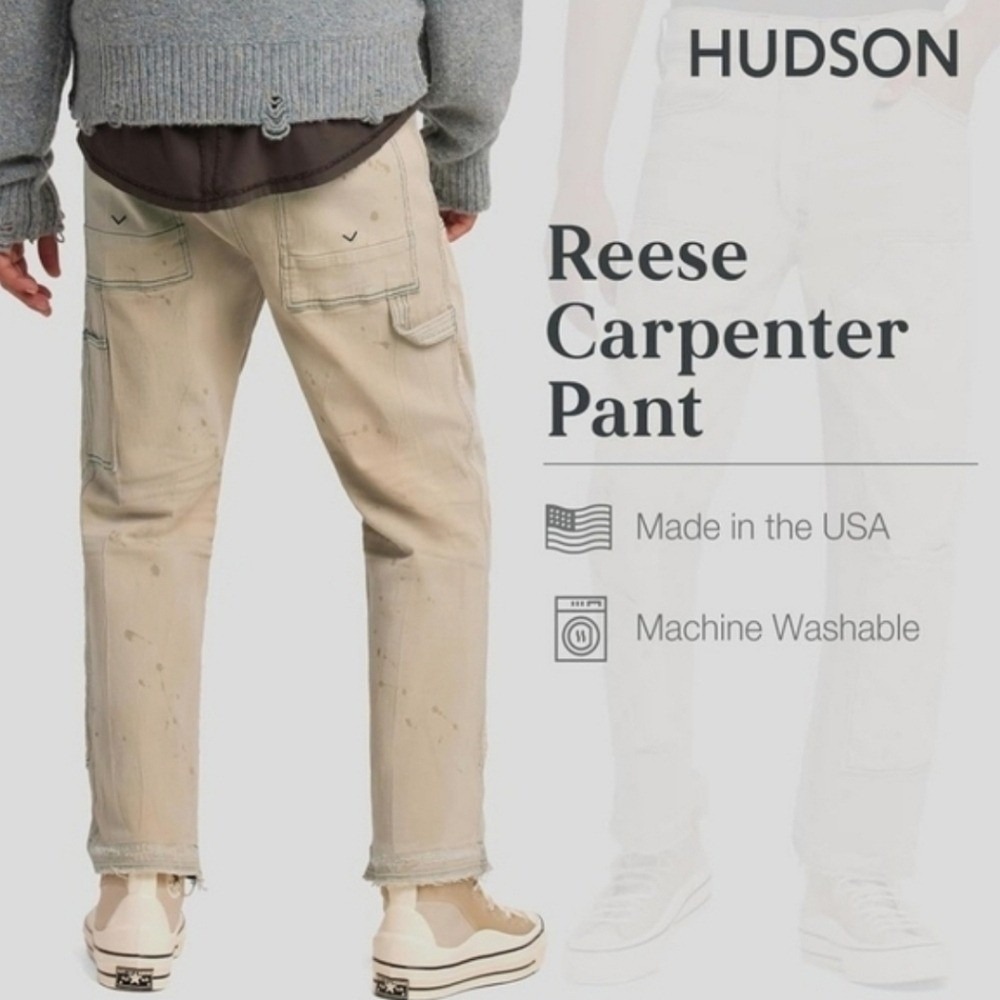 Hudson Reese Carpenter Straight Pants Mens 38 Tan Distressed Paint Splatter USA